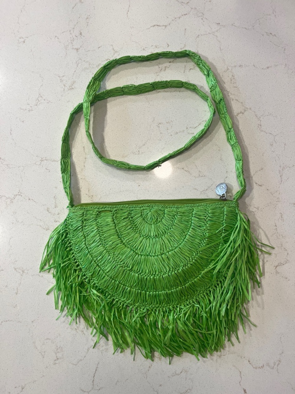 America & Beyond Handwoven Green Fringe Crossbody Bag with Braided Strap